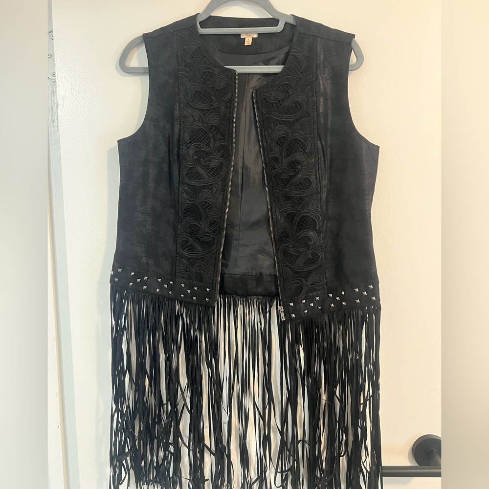Black Fringe Vest with Embroidered Details- Reba